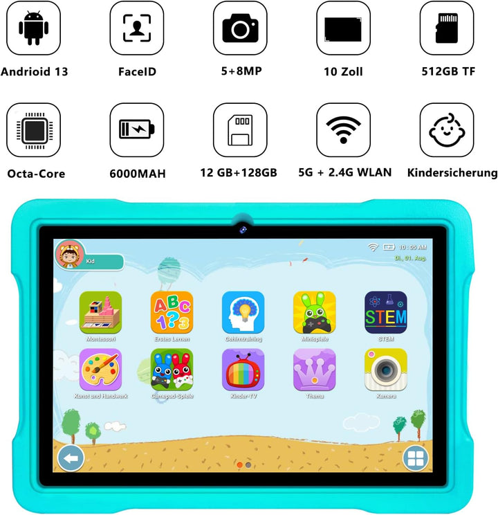 AOCWEI X700 Tablet 10 Zoll,Android 13 Tablet für Kinder,12GB RAM+128GB ROM,512GB erweitern,5GWiFi Ta