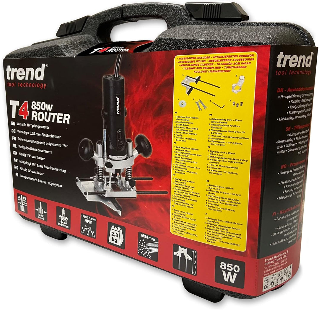 Trend 850 W 8 mm Router mit variabler Geschwindigkeit 230 V EU, 35 mm Eintauchtiefe, eingebaute Absc