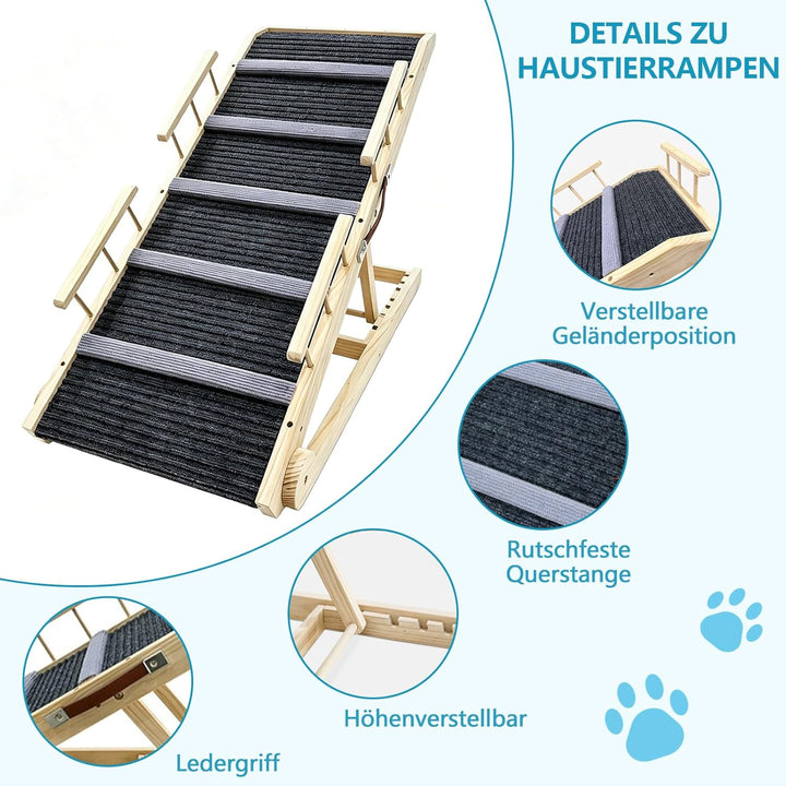 Hunderampe aus Holz, Hundetreppe 6 Stufen Verstellbar 29-66.5cm für Sofa Auto Bett, Treppe für Hunde