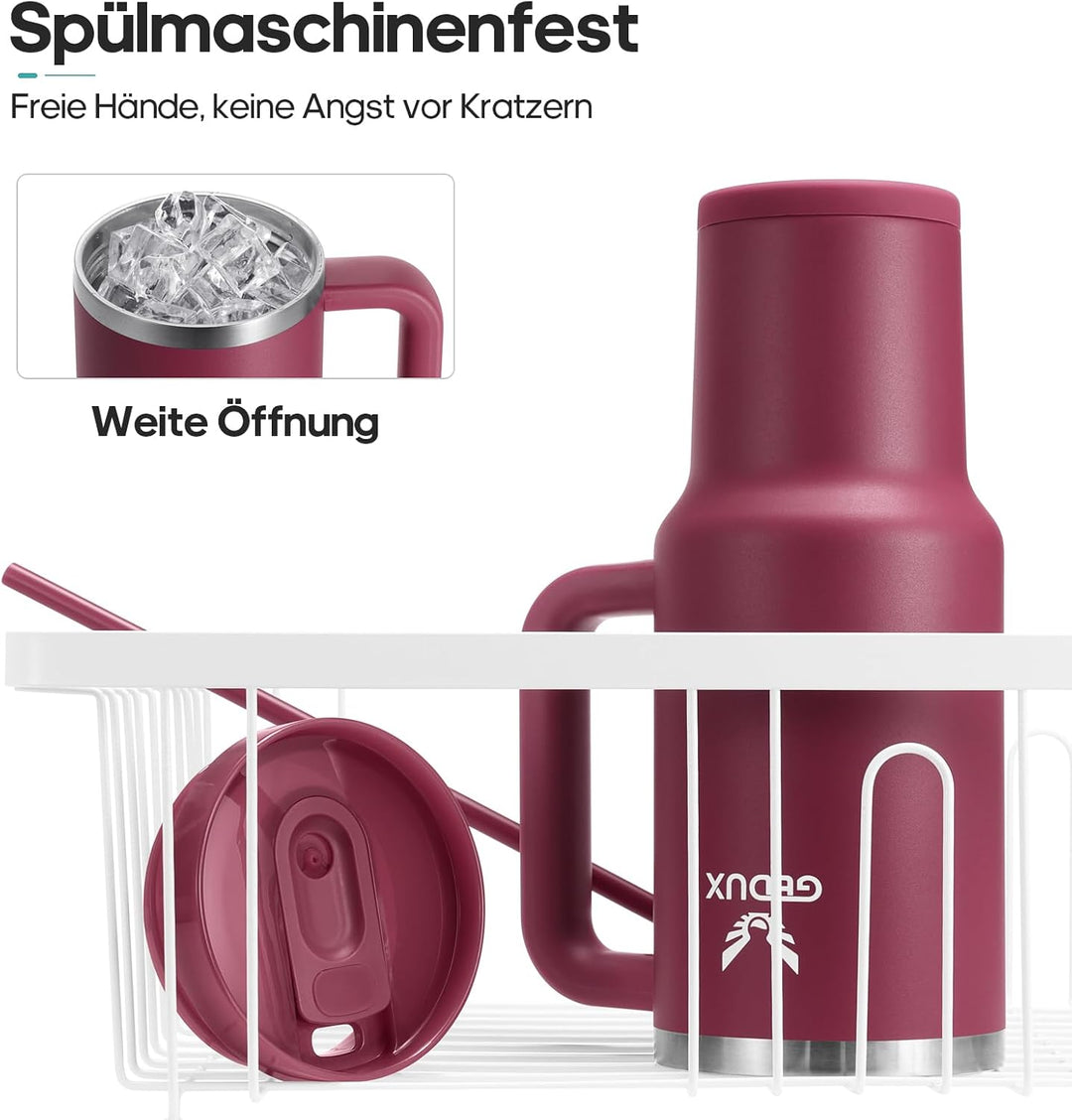 Gedux Trinkflasche mit Strohhalm 1.2L - Thermobecher mit Henkel auslaufsicher - Doppelwandige Vakuum