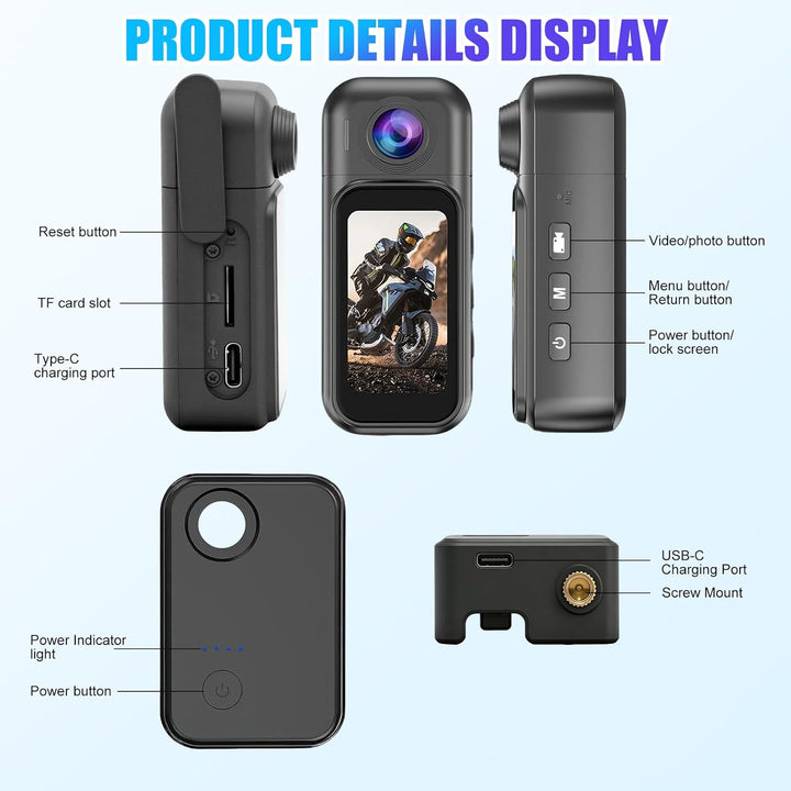 7JI Körperkameras 4K 180°Drehbar mit Ladekoffer,2400mAh Pocket Action Kamera,30m/98ft Wasserdicht,1.