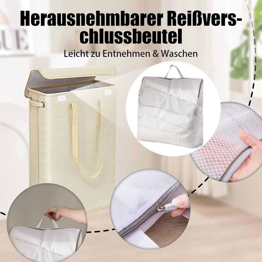Foldable Wäschekorb Schmal mit Deckel 45L – Laundry Basket aus Leinenoptik mit Reissverschluss-Innen