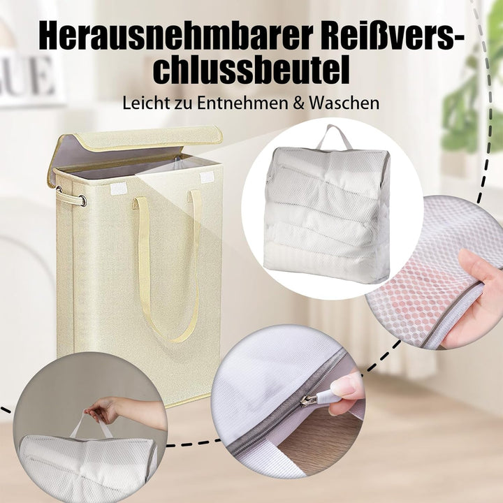 Foldable Wäschekorb Schmal mit Deckel 45L – Laundry Basket aus Leinenoptik mit Reissverschluss-Innen