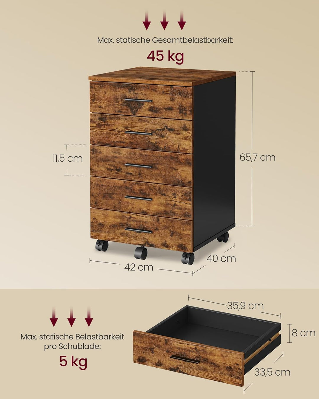 VASAGLE Rollcontainer, mobiler Aktenschrank, Schubladenschrank, Druckerständer mit 5 Schubladen, mit