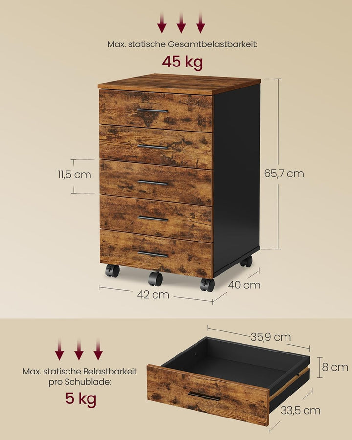 VASAGLE Rollcontainer, mobiler Aktenschrank, Schubladenschrank, Druckerständer mit 5 Schubladen, mit