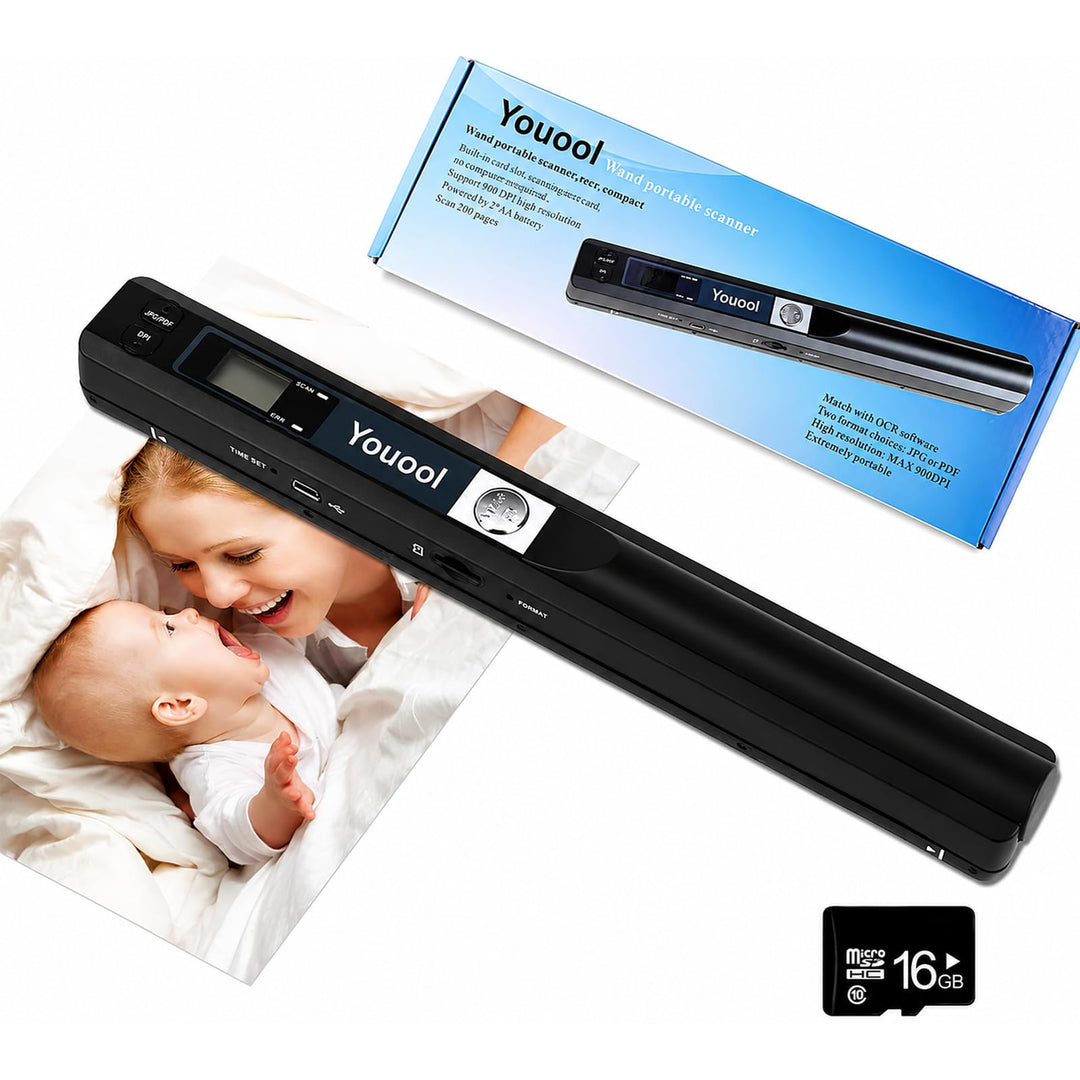 Handscanner mit 16G Micro SD, 900 DPI Tragbarer Hand-Dokumentenscanner Farbscanner, A4 Scanner Scann