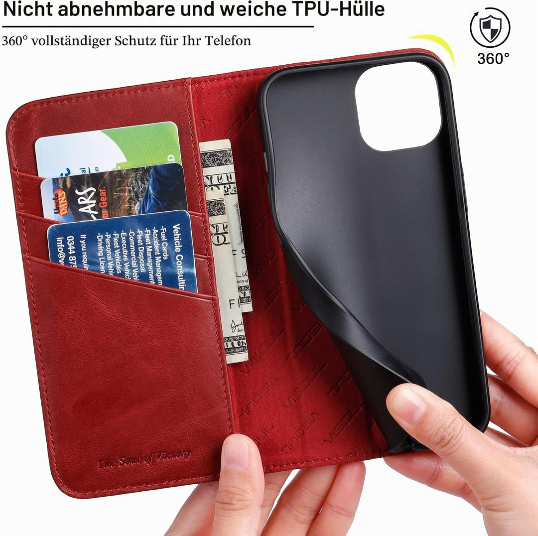 VISOUL Hülle für iPhone 15, Schutzhülle [Echt Leder] [Schützt vor Stoss] [Kartenfach] [Magnetverschl