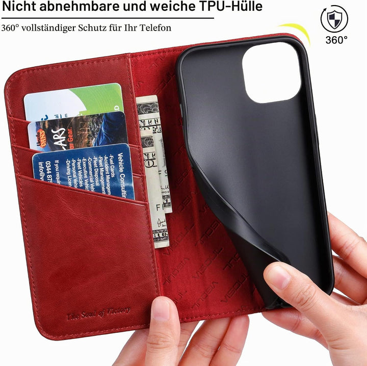 VISOUL Hülle für iPhone 15, Schutzhülle [Echt Leder] [Schützt vor Stoss] [Kartenfach] [Magnetverschl