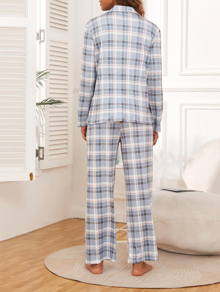Famulily Frauen Langarm Pyjama Set Plaid Loungewear Sets Button Up Top und Wide Leg Hosen S-XXL XL G