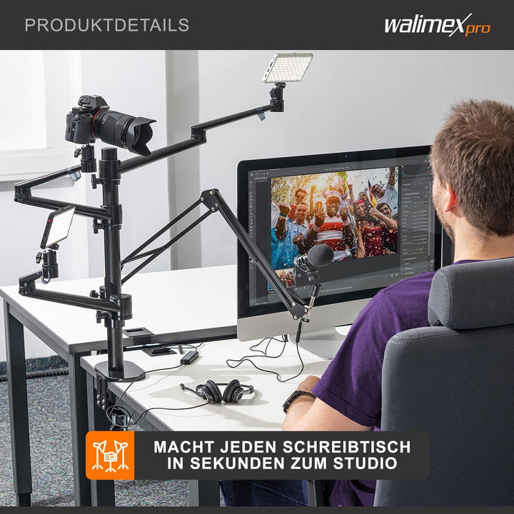 Walimex pro Flexibles Mikrofon Boom Arm Tischstativ Ständer zur Befestigung von Kamera, LED bis 2kg