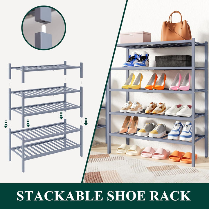 smiry Schuhregal mit 5 Ebenen, Platzsparende Schuhablage, Stapelbar Schuhorganizer, Bambus Regal für