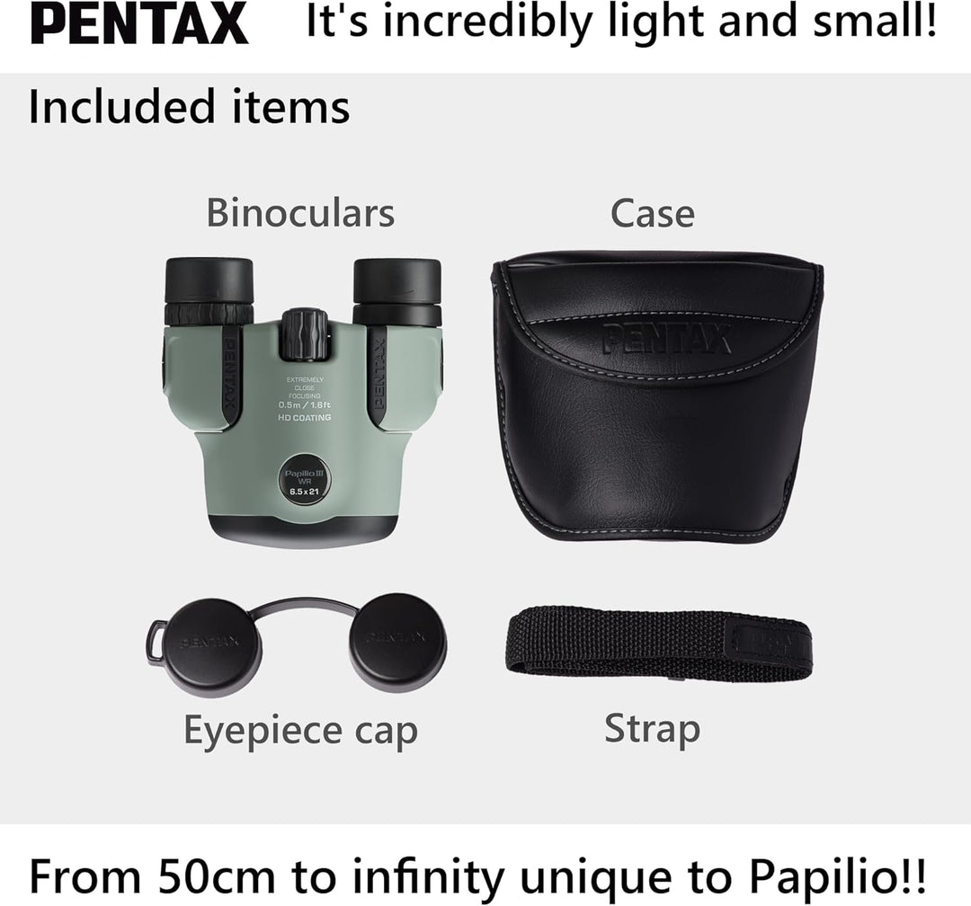 Pentax Papilio III Fernglas 6,5 x 21 wetterfest, Olive, Fokus 50 cm, spritzwassergeschützt, Museum,