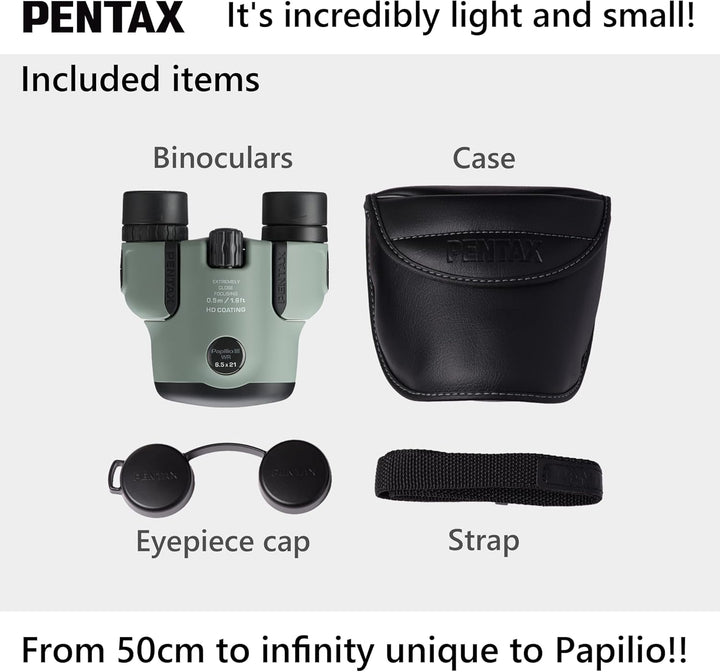 Pentax Papilio III Fernglas 6,5 x 21 wetterfest, Olive, Fokus 50 cm, spritzwassergeschützt, Museum,
