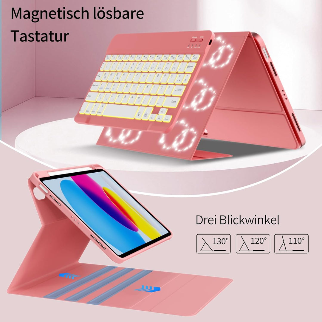 Hülle mit Tastatur für iPad A16 11/10 Generation (2025/2022, 11/10.9 Zoll)- 7 Farben Beleuchtete Mag