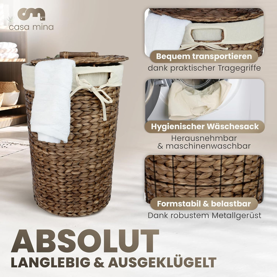Casa Mina® Wäschekorb mit Deckel D40 x H65cm hoch| Atmungsaktiver Wäschekorb geflochten aus 100% Nat