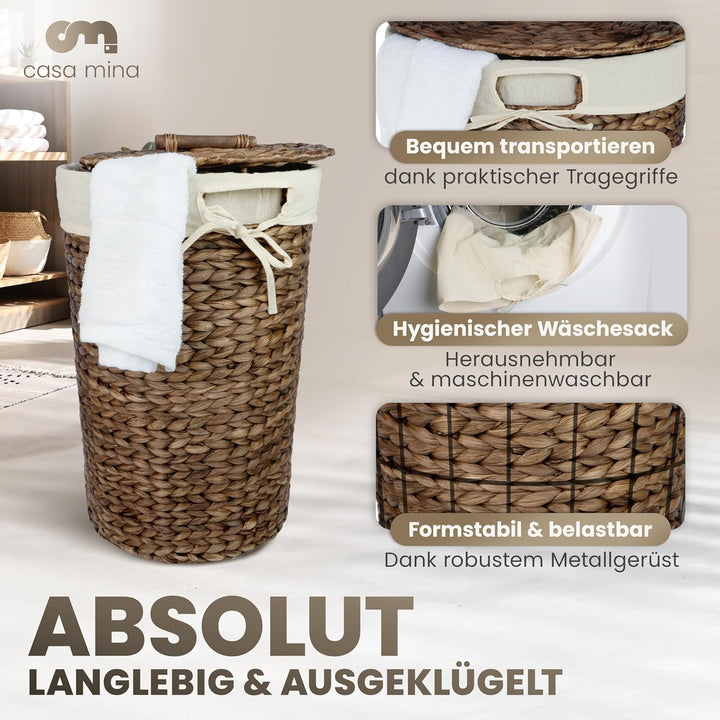 Casa Mina® Wäschekorb mit Deckel D40 x H65cm hoch| Atmungsaktiver Wäschekorb geflochten aus 100% Nat