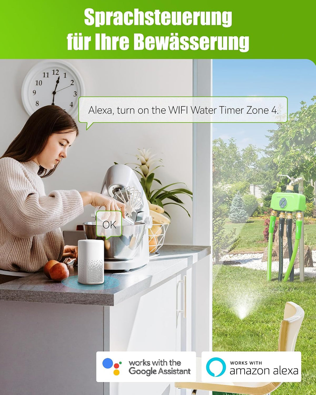 RAINPOINT Bewässerungscomputer WLAN mit Gateway, 4 Ausgänge mit Messing EIN-/Ausgang, Wetter- &amp; bode