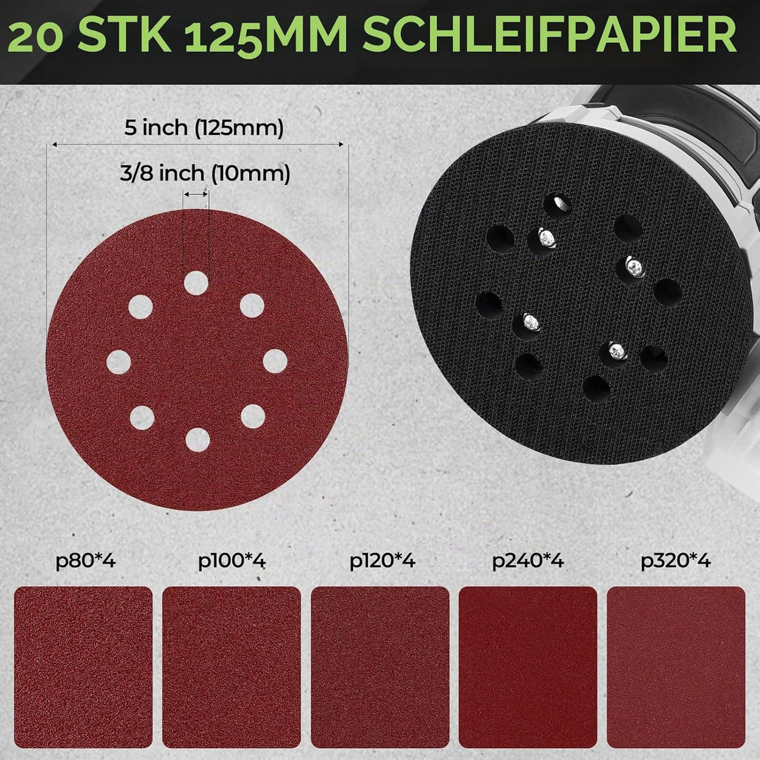 DESOON Exzenterschleifer 125mm, 300W Schleifmaschine für Holz mit 6 Geschwindigkeiten und Max.14000