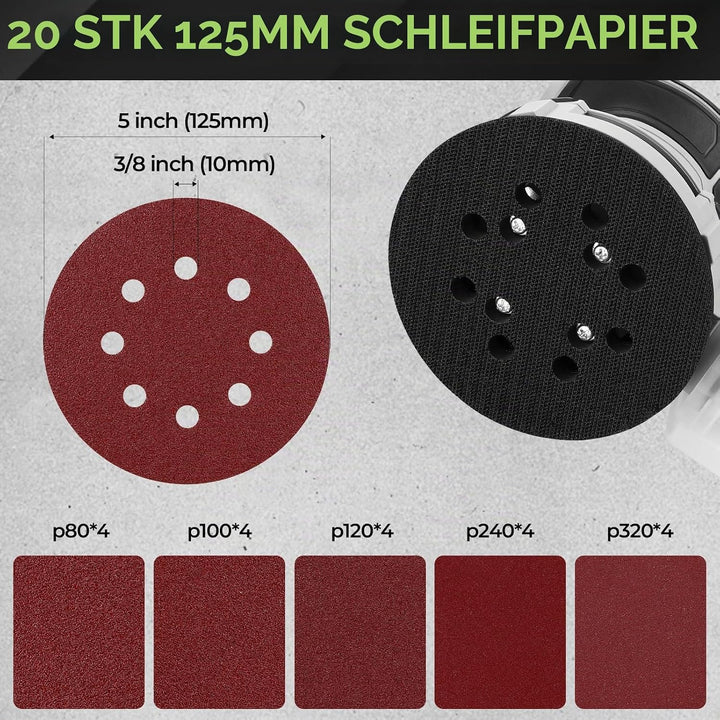 DESOON Exzenterschleifer 125mm, 300W Schleifmaschine für Holz mit 6 Geschwindigkeiten und Max.14000