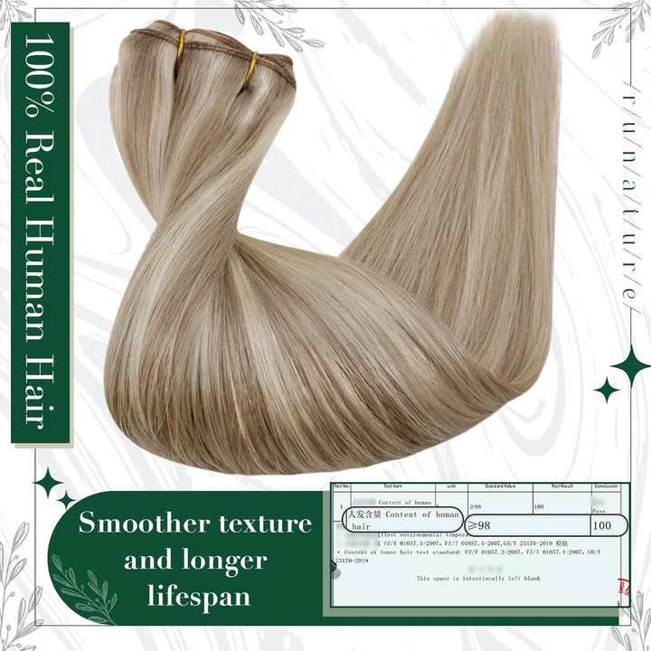 RUNATURE Extensions Clip in Echthaar Aschbraun mit Platinblond Remy Haarverlangerung Echthaar Clip i