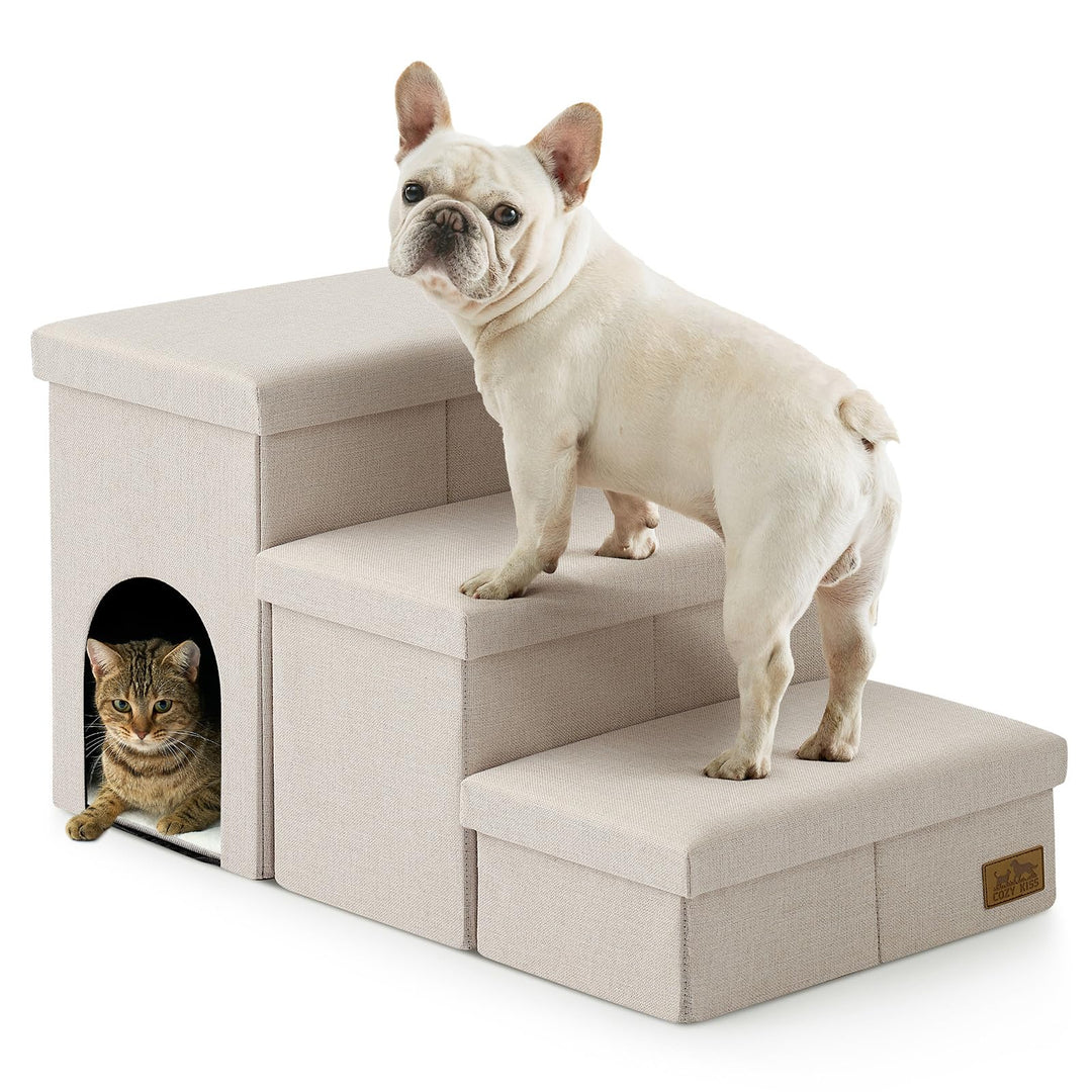 COZY KISS Hundetreppe für Kleine Hunde mit Stauraum und Katzenöffnung, Breite Haustiertreppe Faltbar