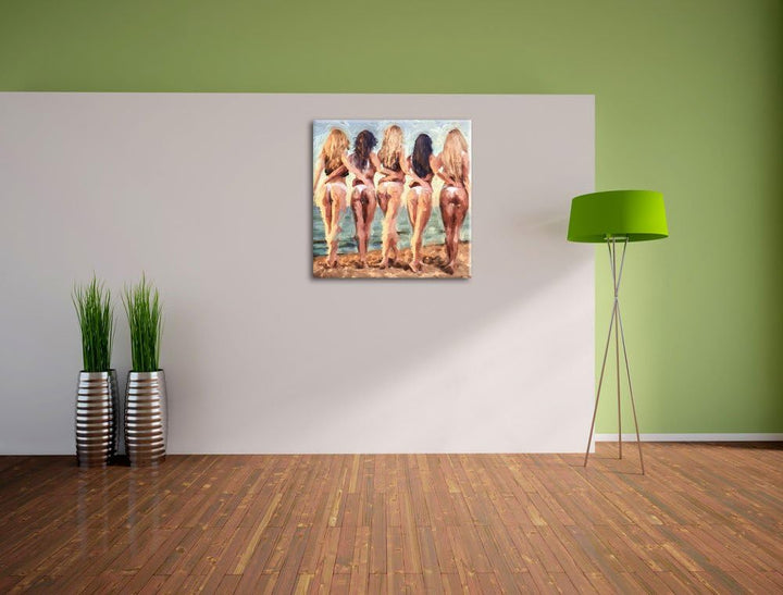 Pixxprint Fünf sexy Frauen am Strand Pinsel Effekt, Format: 70x70 auf Leinwand, 70x70