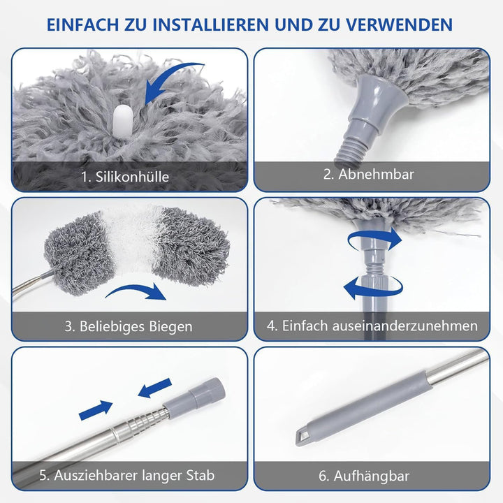 Staubwedel Teleskop Waschbar Mikrofaser Duster Lang Ausziehbar Bis 254cm,5 Stück Staubwedel Lang Aus