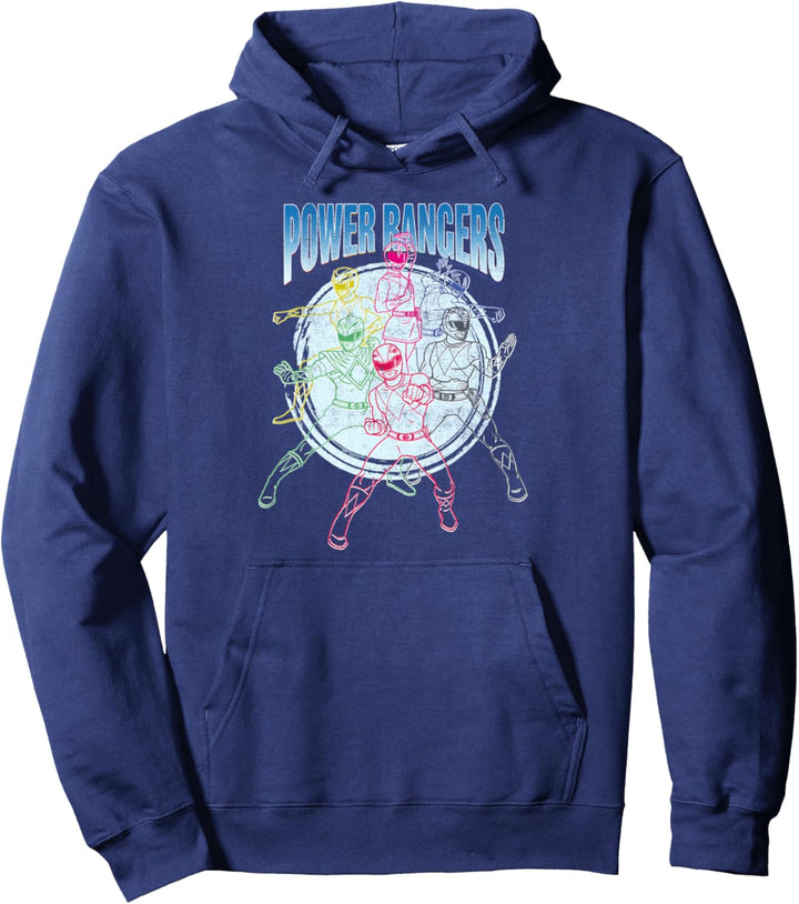 Power Rangers Retro Group Line Art Action Force Portrait Pullover Hoodie