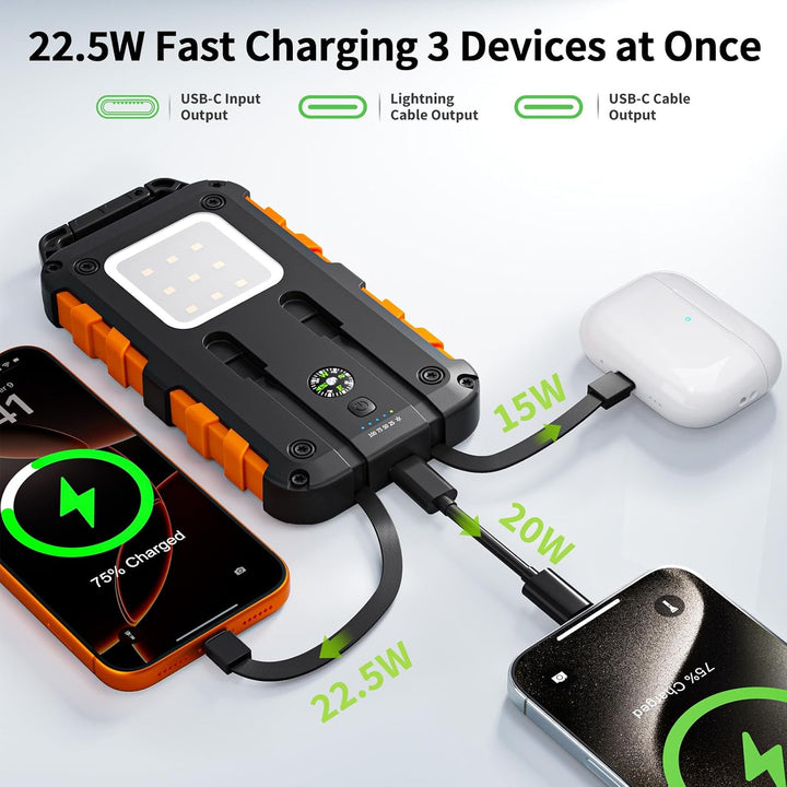 Solar Powerbank 10000mAh mit 2 integrierten Kabeln, Tragbares Solar-Ladegerät mit USB C PD 15W Schne