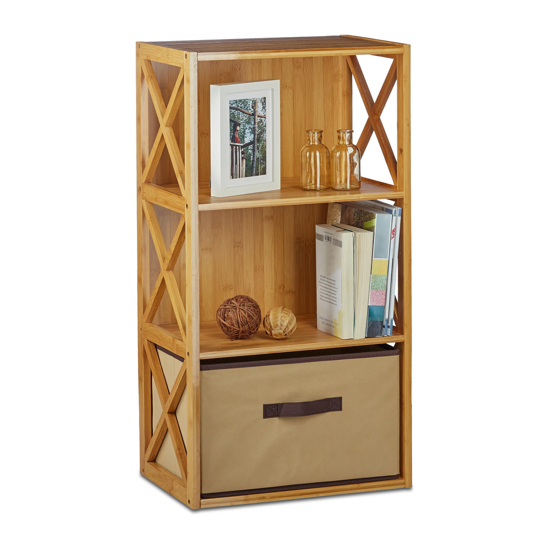 Relaxdays Regal Bambus mit Korb, 3 Ablagen, Holz Standregal, Badregal, Faltbox, HxBxT: 80 x 42 x 29