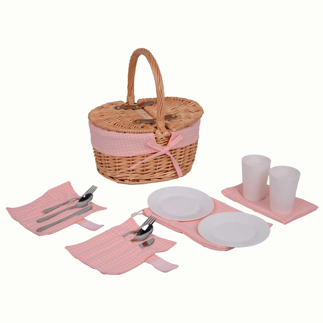 UNUS Picknickkorb für Kinder oval aus Weide mit Stoffauskleidung - Komplettset für 2 Personen mit Be