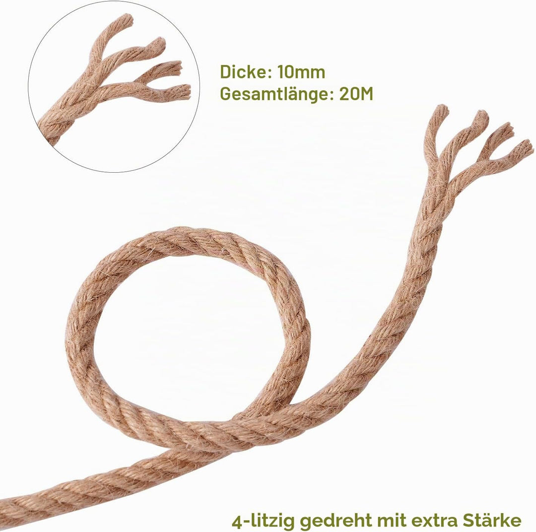 Juteseil 10mm 20M,Natürliche Hanfseil 4-Stränge Dicke Jute Schnur Gedreht Tauwerk Tau Seil für Garte