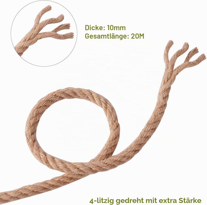 Juteseil 10mm 20M,Natürliche Hanfseil 4-Stränge Dicke Jute Schnur Gedreht Tauwerk Tau Seil für Garte