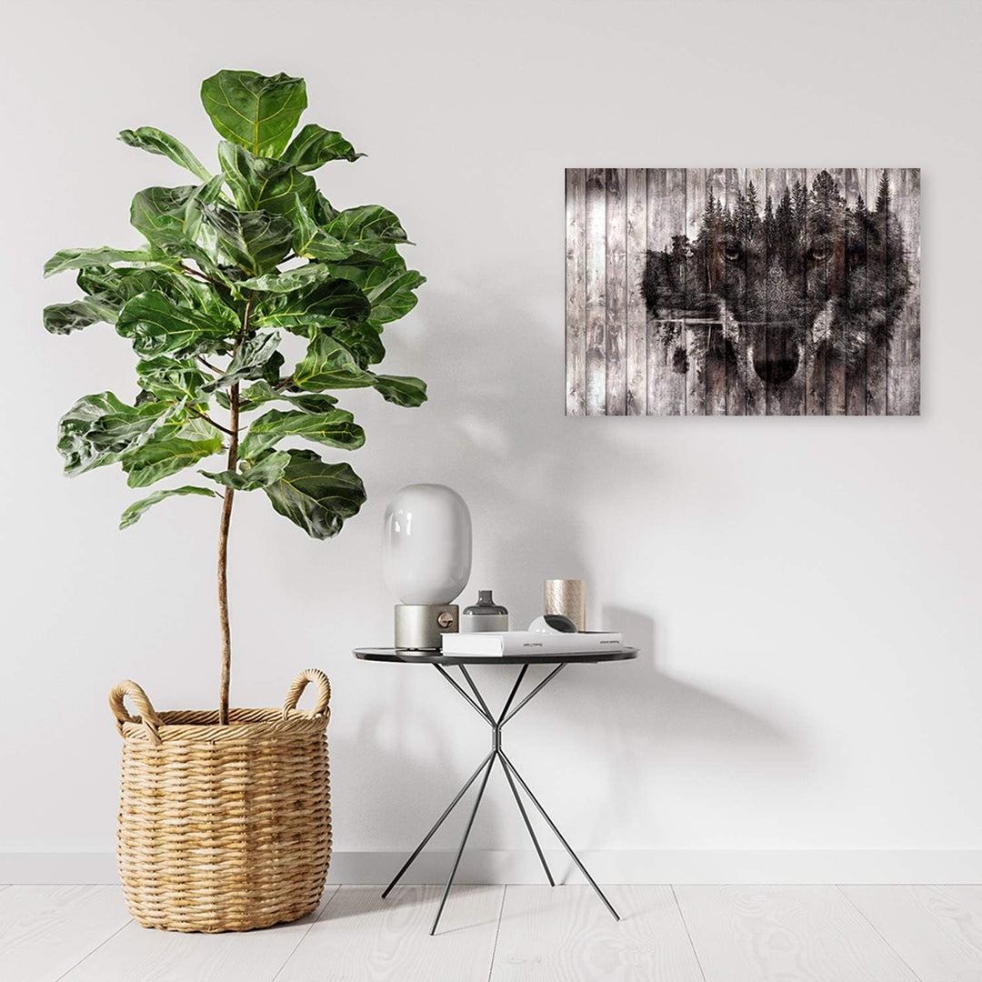 Feeby Wandbilder Wolf Holz Wald im Nebel 90x60 cm 1 Teilig Bilder XXL Leinwandbilder Bild auf Leinwa