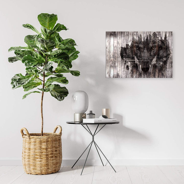 Feeby Wandbilder Wolf Holz Wald im Nebel 90x60 cm 1 Teilig Bilder XXL Leinwandbilder Bild auf Leinwa