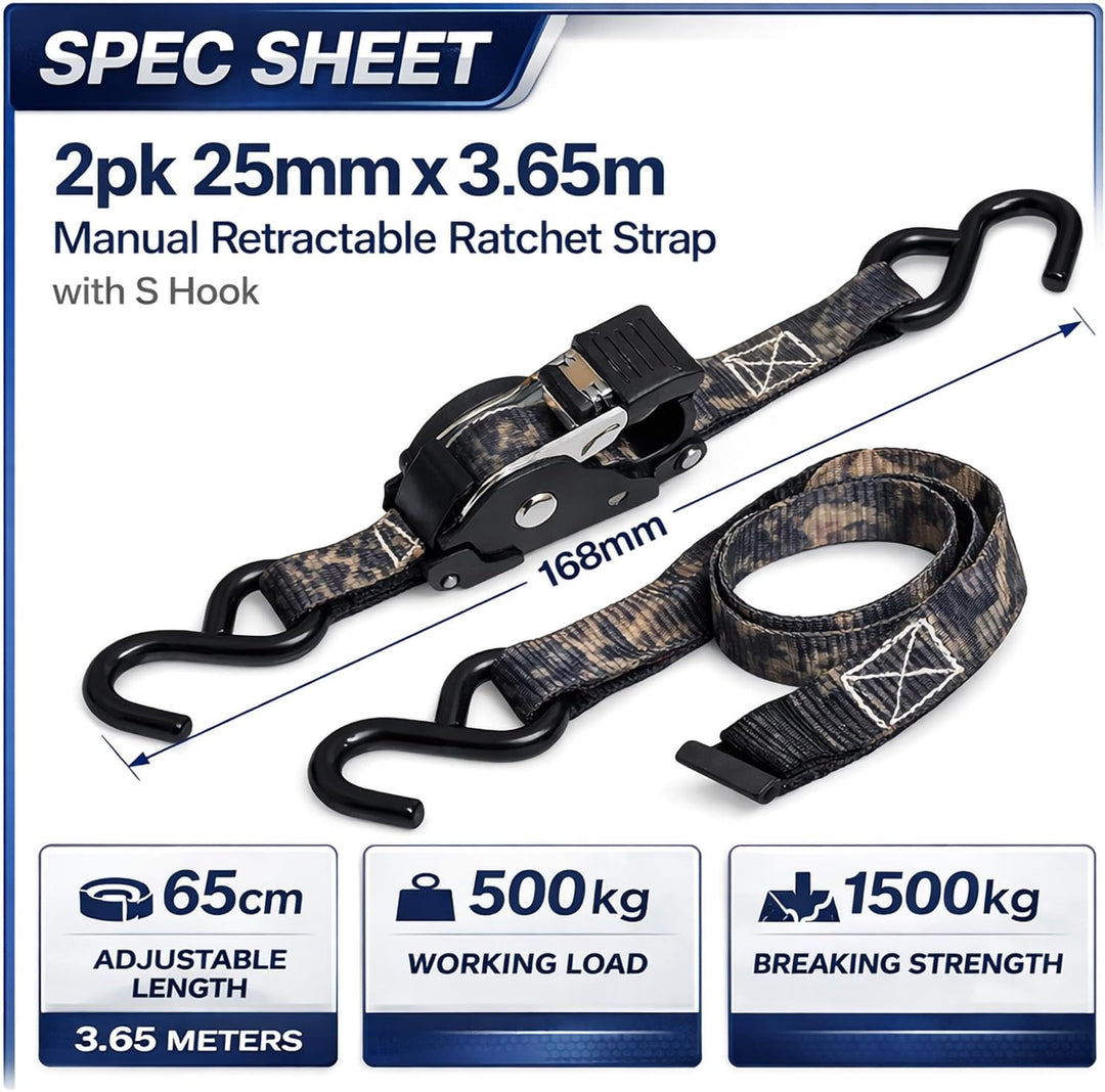 Ratschengurt-Set, 2,5 cm (25 mm) x 3,65 m, manuell einziehbare Spanngurte mit S-Haken, 227 kg Arbeit