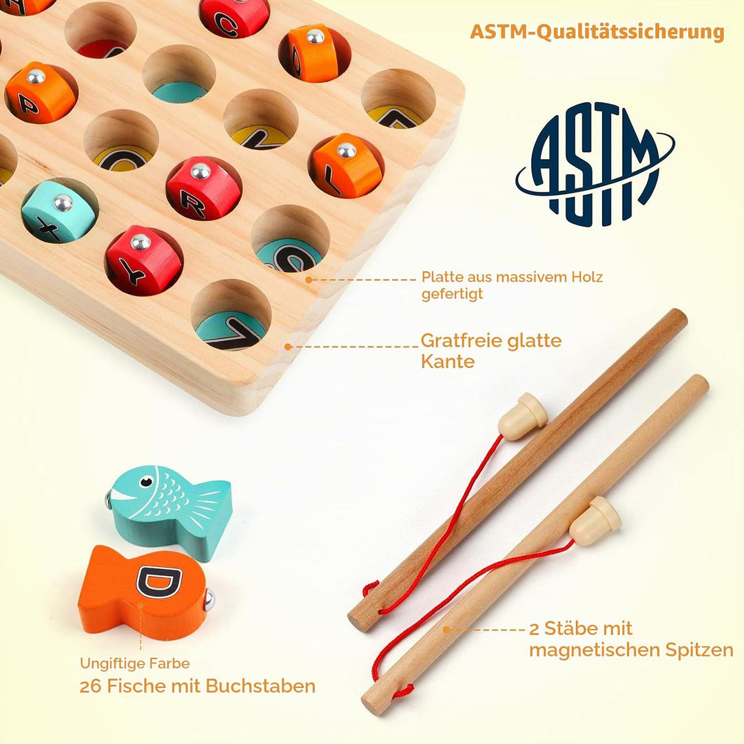 Coogam Hölzern Magnetisch Angelspiel, Feinmotorikspielzeug ABC-Alphabet-Farbsortierpuzzle, Montessor