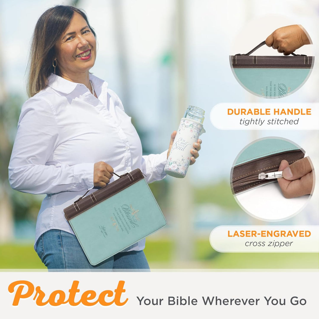 Bible Cover, Blessed Is She, Light Blue and Brown, Large, Large