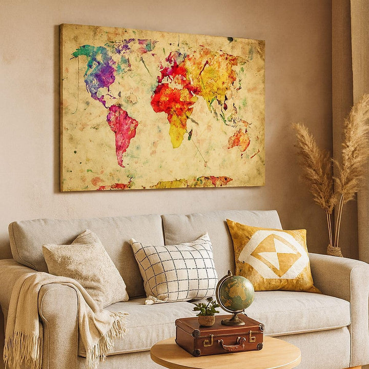 Bilder auf Leinwand 100x70cm Leinwandbild mit Rahmen Karte Welt modern Gross Wanddeko Bild Schlafzim