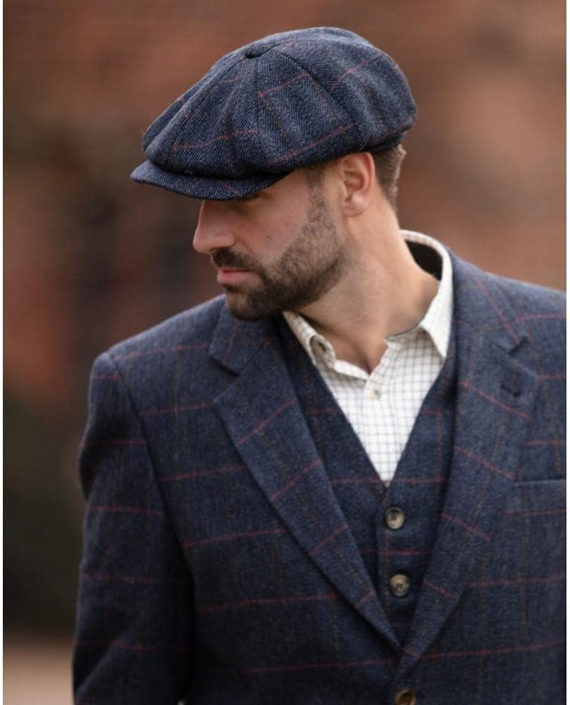 WALKER AND HAWKES - Unisex Bakerboy-Ballonmütze aus Tweed - 8-Panel-Konstruktion S Blauer Tweed, S B