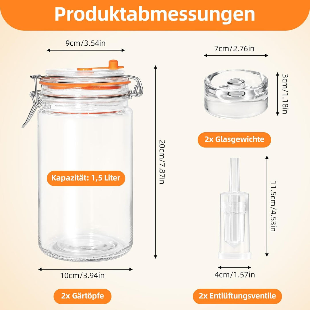 1,5L Fermentierglas Set mit 2 Fermentiergewichte - Fermentationsglas für Kimchi, Sauerkraut, Kombuch