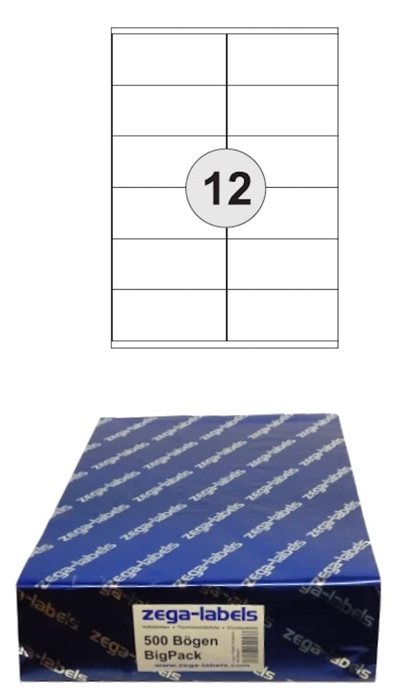6.000 Etiketten 105 x 48 mm selbstklebend auf DIN A4 Bögen (2x6 Etiketten) - 500 Blatt Bigpack - Uni
