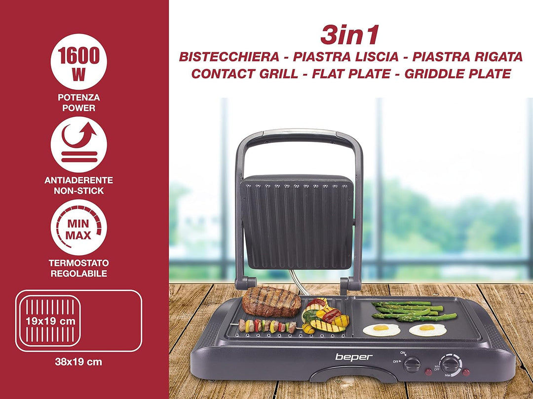 BEPER P101TOS501 Kontaktgrill Antihaft-Aluminium – Elektrogrill 1600 W 1600 WATT, 1600 WATT