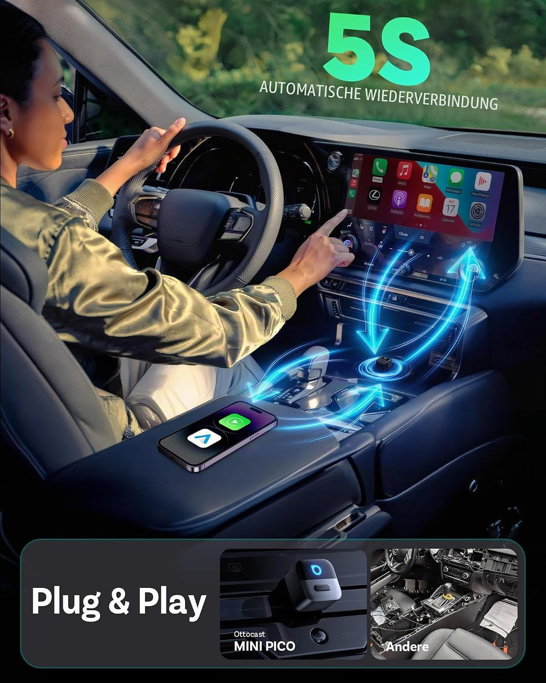 OTTOCAST Mini Pico 2026 CarPlay &amp; Android Auto Wireless Adapter, Smart Button, 5–8s Auto Connect, Pl