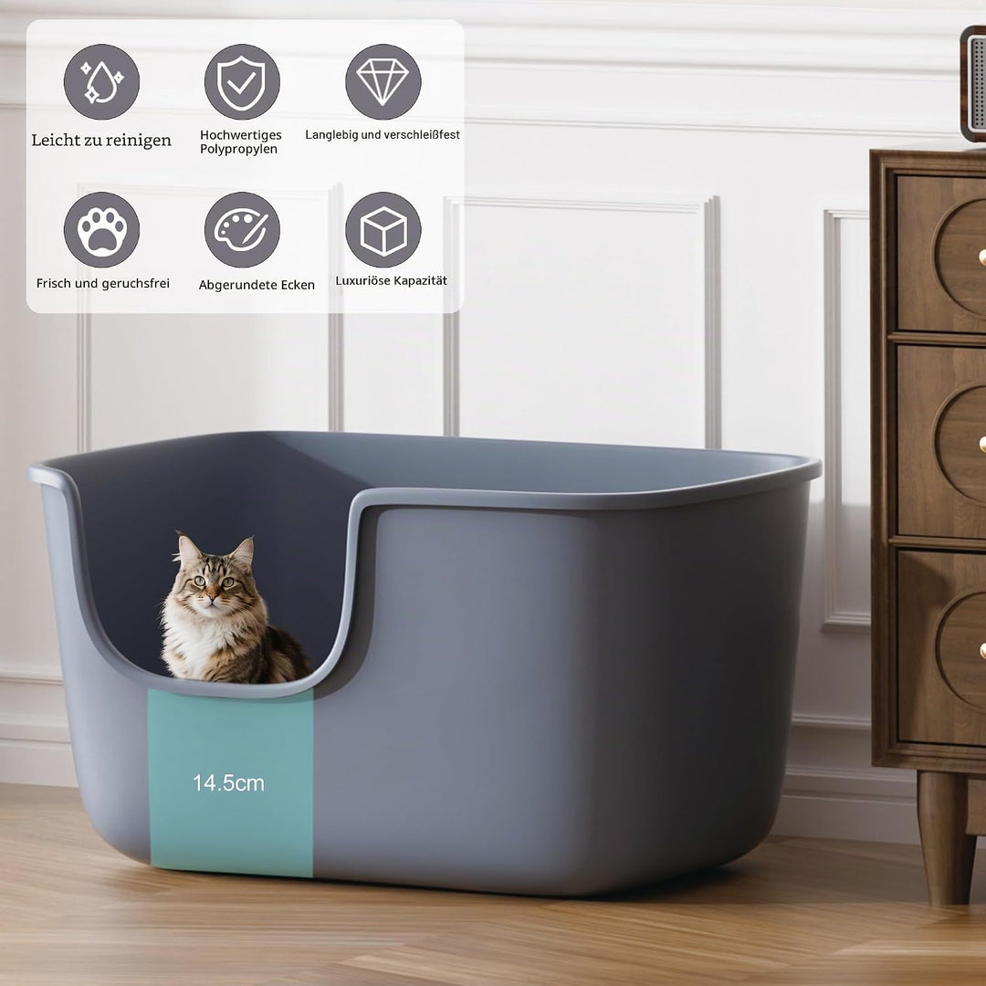 Vealind Grosse Katzenklo XXL Katzentoilette für Mehrkatzenhaushalte， 56L x 41W x 31H cm Offene Katze