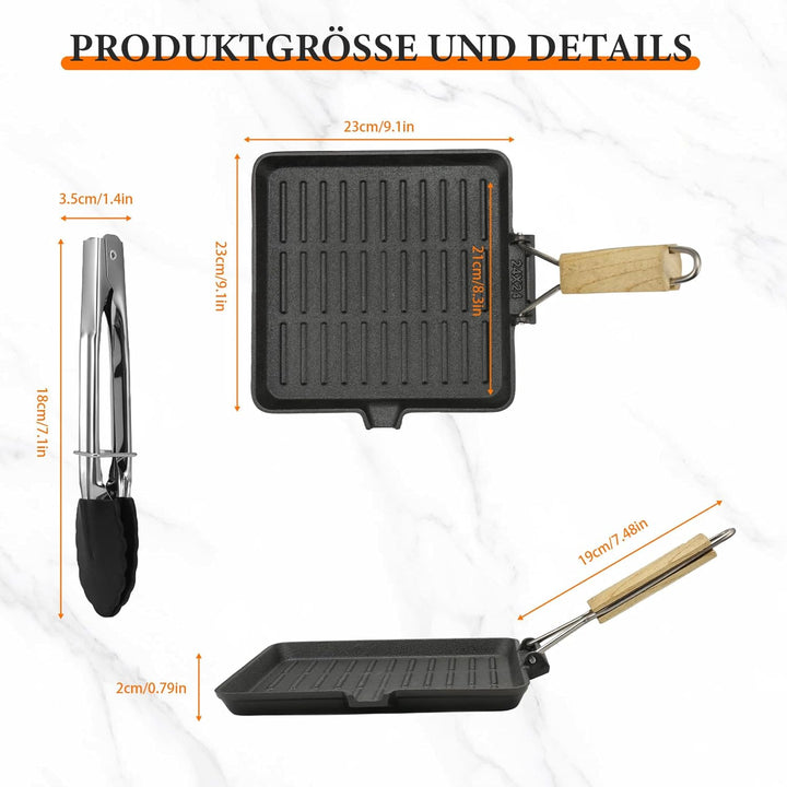 AWAOVV Steakpfanne Gusseisen,23x23cm Grillpfanne mit Klappbarem Holzgriff und Lebensmittelclips,Klap