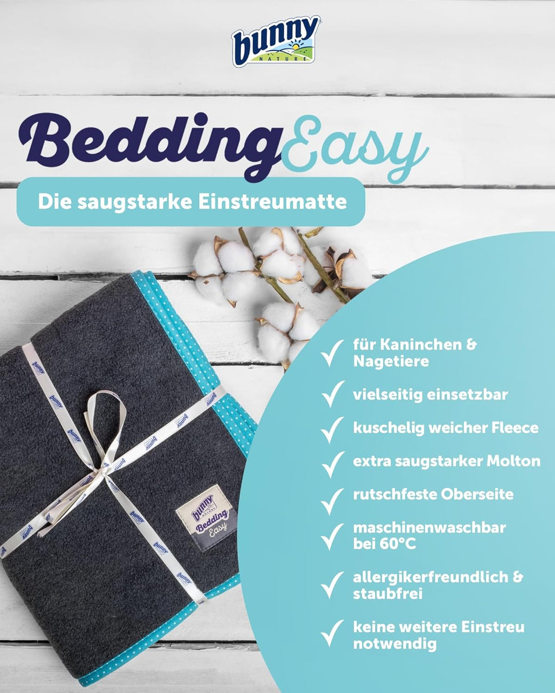bunnyNature Bedding Easy Türkis | Flauschig-Weicher Fleece & Saugstarker Molton | Allergikerfreundli