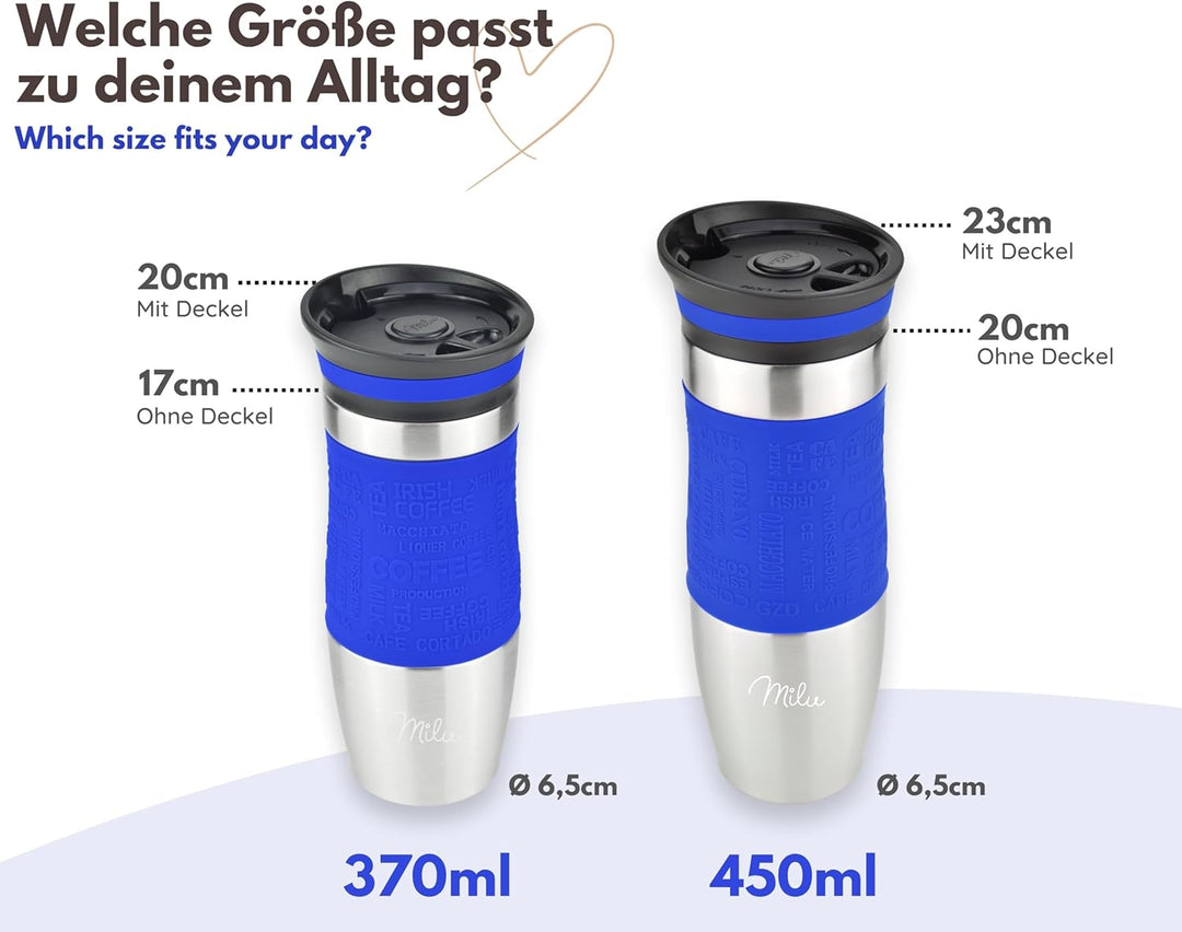 Milu Thermobecher Kaffee to go 370ml, 450ml Isolierbecher Kaffeebecher - 100% Auslaufsicher - Trinkb