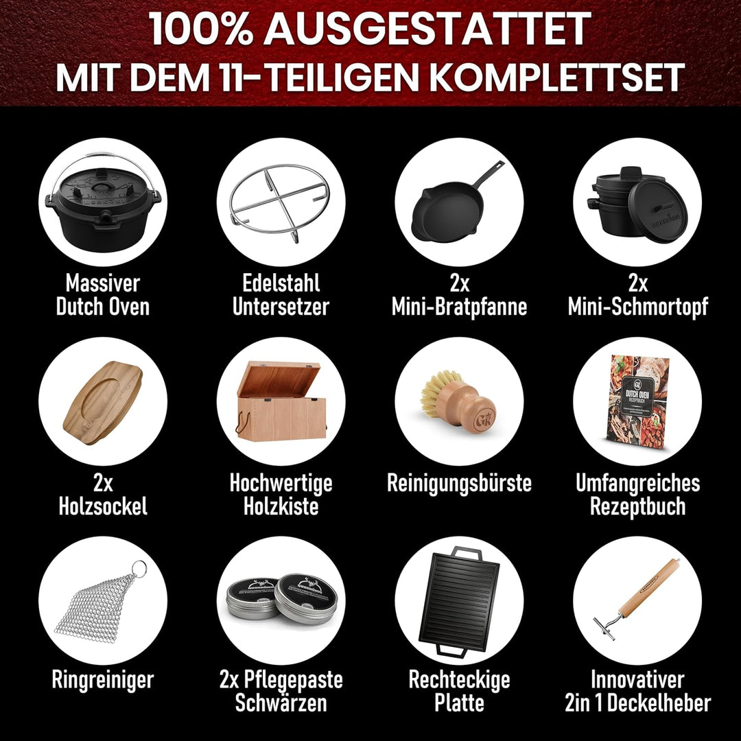 Dutch Oven Set 9-teilig – bereits eingebranntes Gusseisen Topf Set – Bratpfanne, Grilltopf, Deckelhe