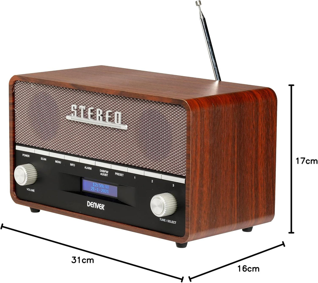 Denver DAB Radio DAB36, Radio mit Bluetooth, Retro Radio aus Holz, FM Radio, DAB, DAB+, AUX, Batteri